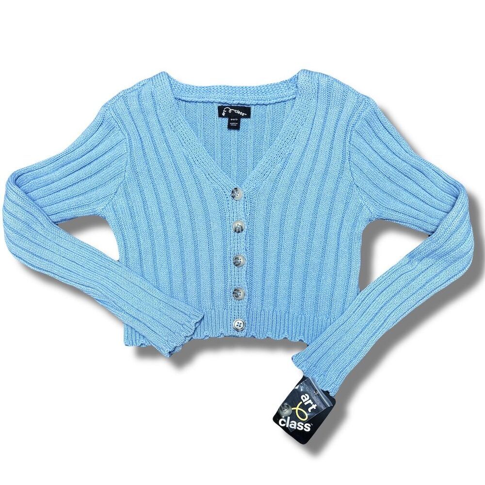 Class Act Girls' Blue Ribbed Cardigan Size 6-7 Heart Buttons - Picture 3 of 7